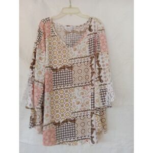 Stem & Vine Plus Size 1X Patchwork Print Bell Sleeve Tunic Top Lace Trim